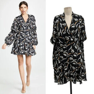 Acler Zammit Mini Dress Long Sleeve Floral Printed Draped Navy Blue Size US 6